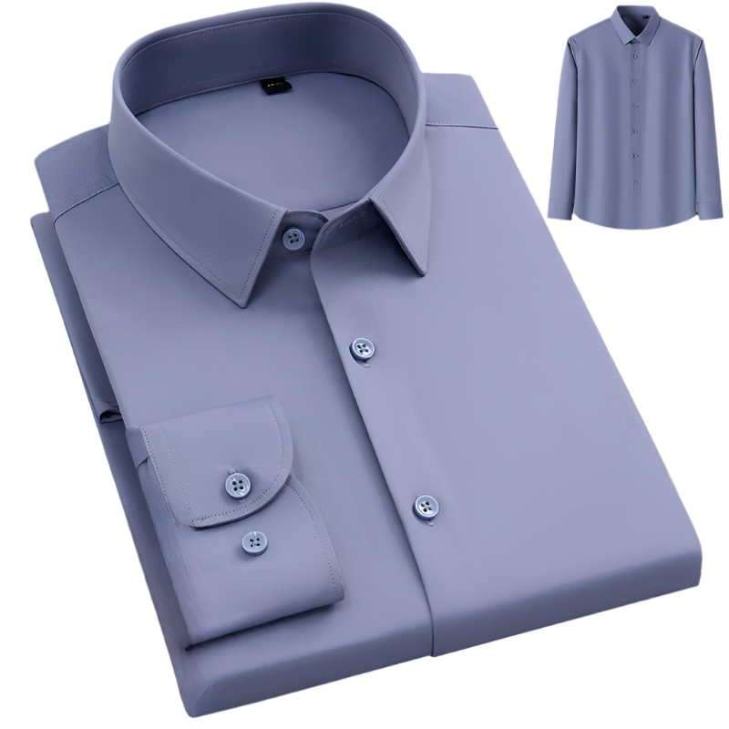 Steel blue dress shirt with pointed collar, long sleeves and chest pocket shown folded with product thumbnail