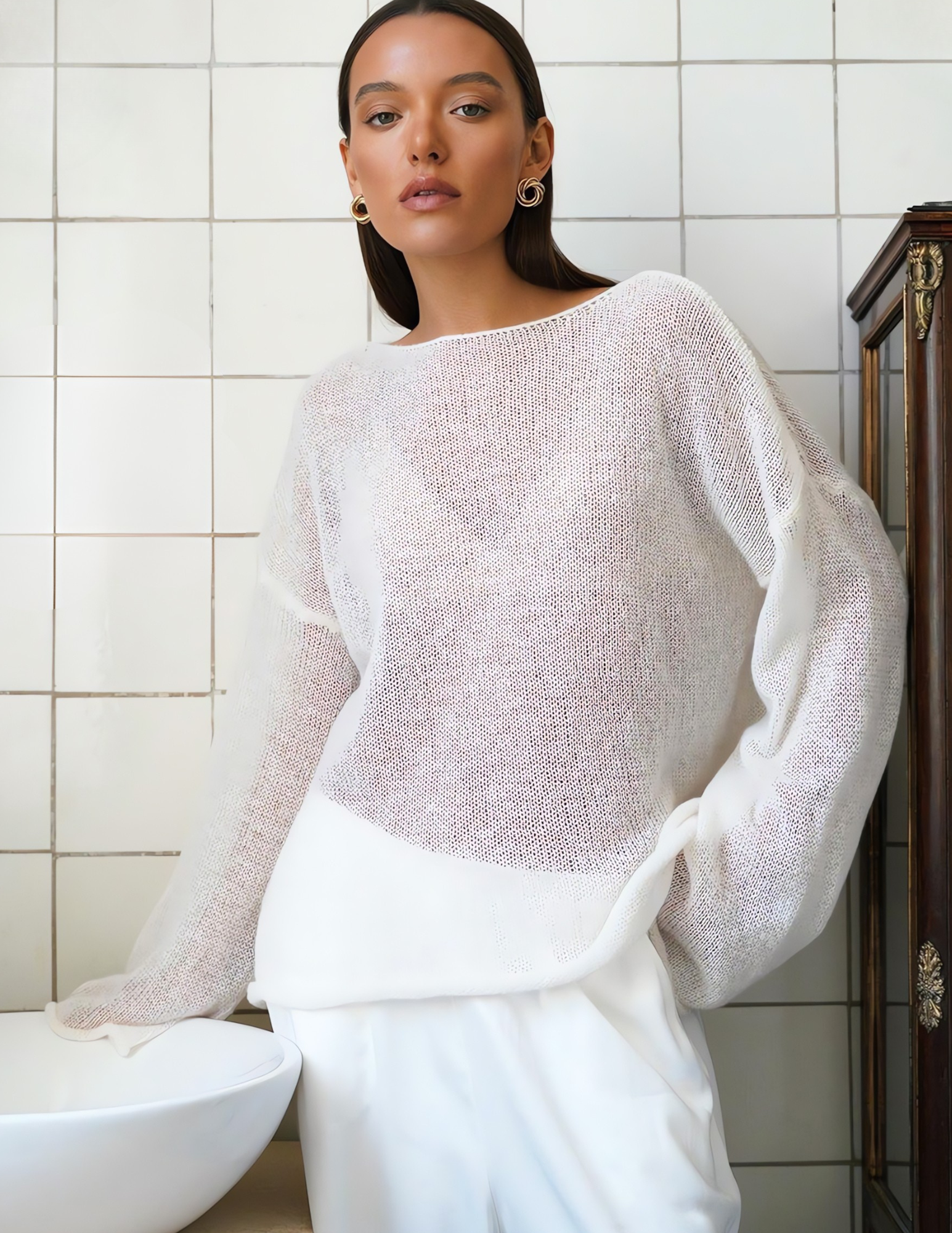 Women's Sheer Knit Sweater | Breathable Loose Fit, Bell Sleeves