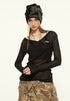 Front view of black sheer ribbed long sleeve top with raw neckline and metallic logo detail.