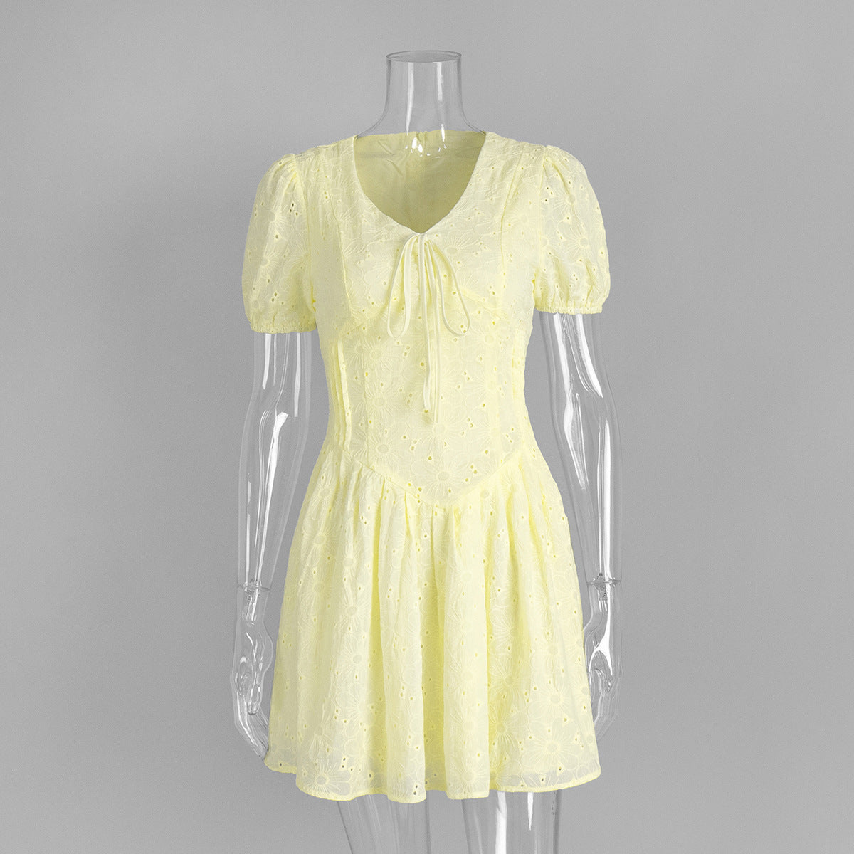 yellow puff sleeve mini dress Puff Sleeve Cotton Mini Dress – Embroidered Summer Look – ZINNTRA