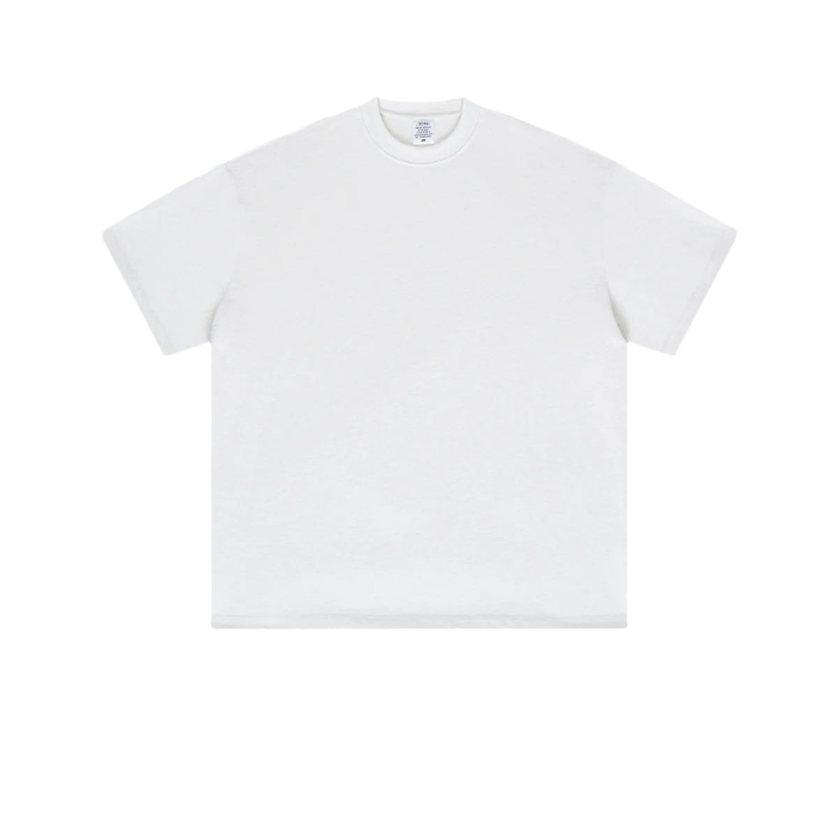 Pure white oversized t-shirt with crew neck and short sleeves displayed flat against light gray background