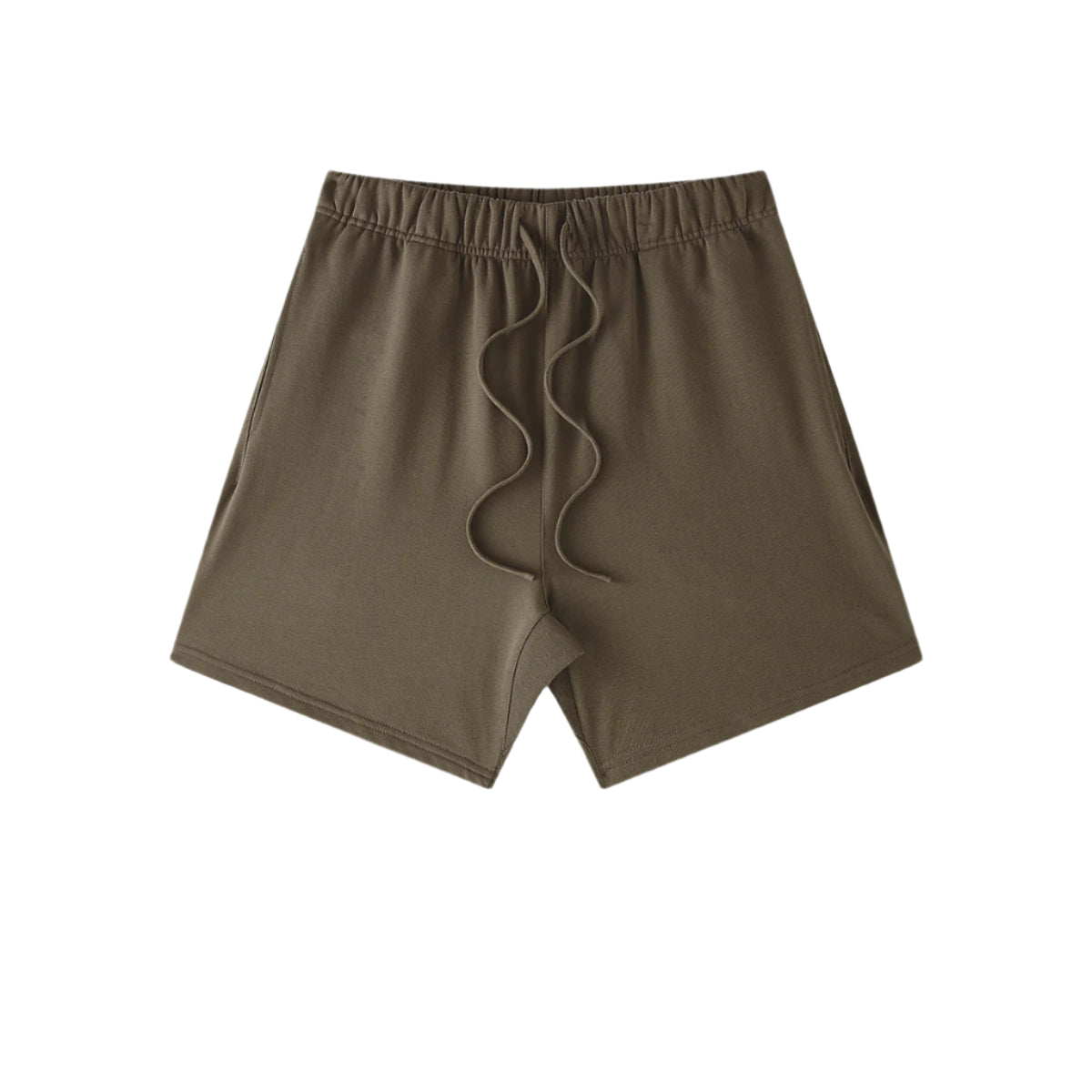 Dark olive cotton shorts with elastic waistband and drawstring, displayed flat on white background