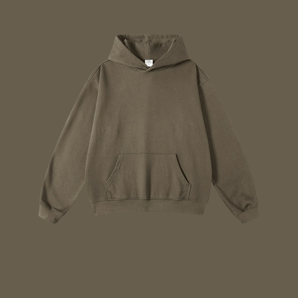 Olive brown hoodie with front pocket and ribbed cuffs on matching background