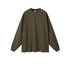 Olive green oversized long sleeve sweatshirt with crew neck and ribbed cuffs on plain background