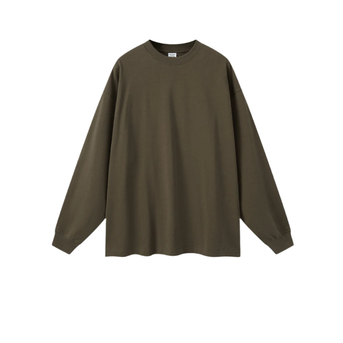 Olive green oversized long sleeve sweatshirt with crew neck and ribbed cuffs on plain background