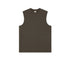 Charcoal/dark brown sleeveless muscle tee with crew neck displayed flat on white background