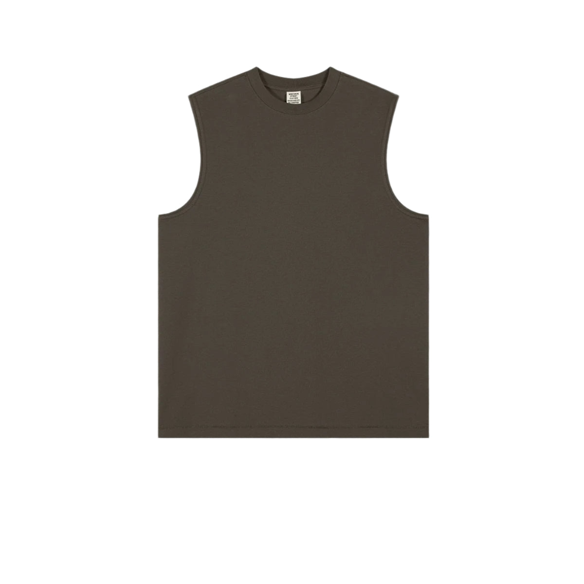 Charcoal/dark brown sleeveless muscle tee with crew neck displayed flat on white background