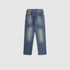 Straight leg medium wash denim jeans laid flat showing relaxed silhouette, five-pocket design and subtle fading pattern on light background