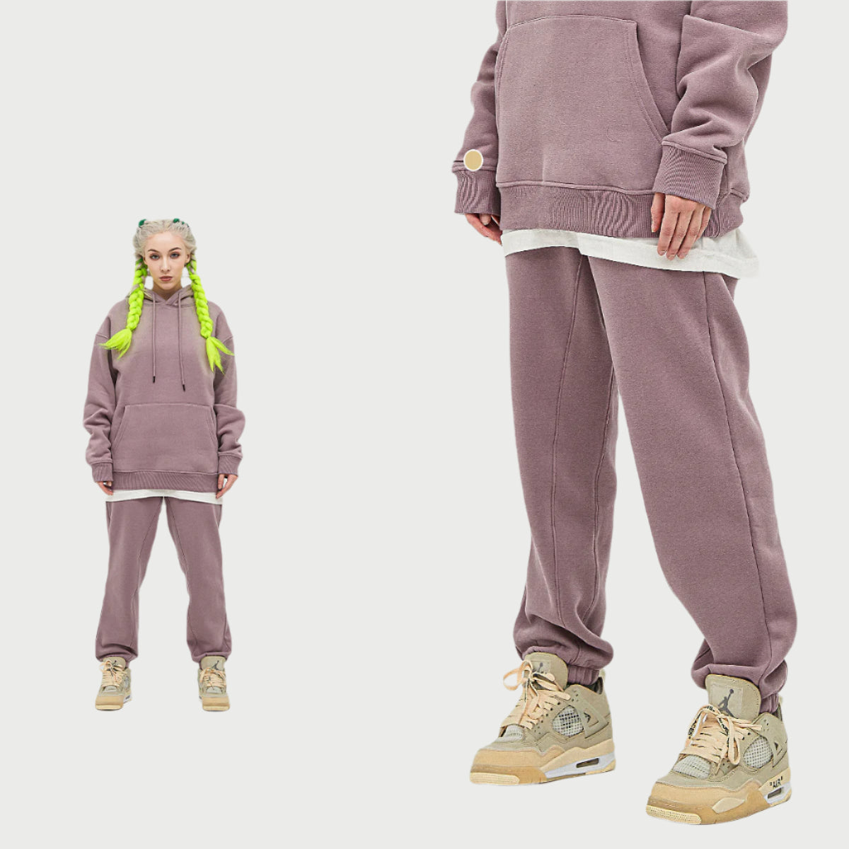 Lilac sweatsuit showcased in split-view format with full outfit on left and close-up detail of jogger leg and sneaker on right against white background