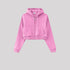 Pink cropped zip hoodie with kangaroo pocket on gray background. Features drawstring hood and ribbed hem