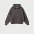 Dark gray zip-up hoodie with front pocket and silver zipper against light gray background