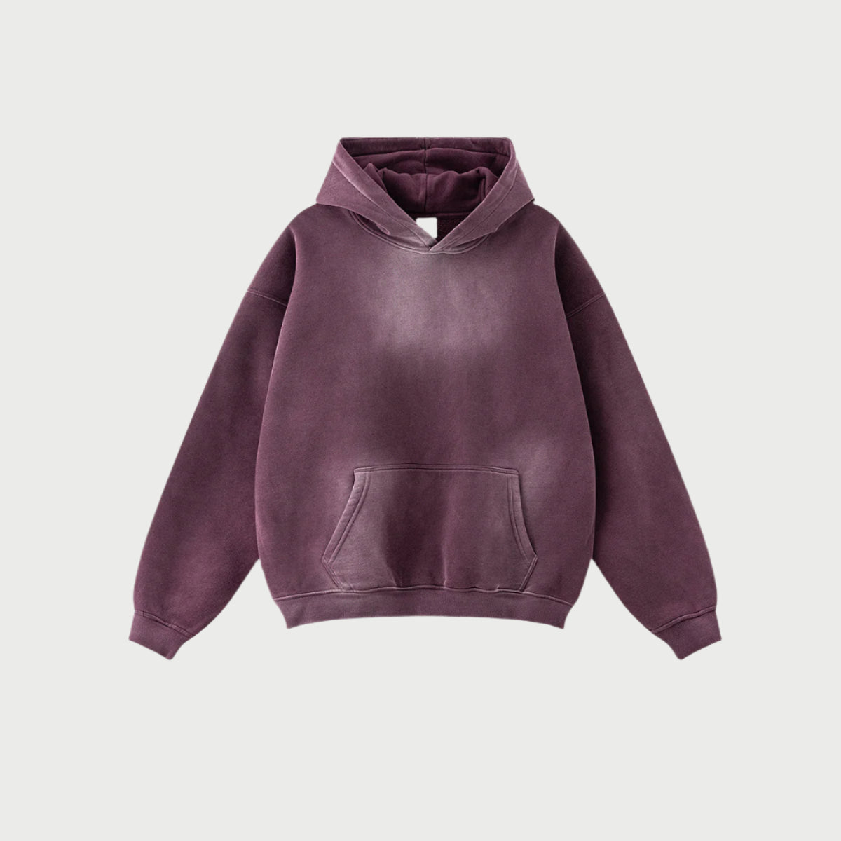 Purple oversized hoodie with kangaroo pocket displayed against light gray background