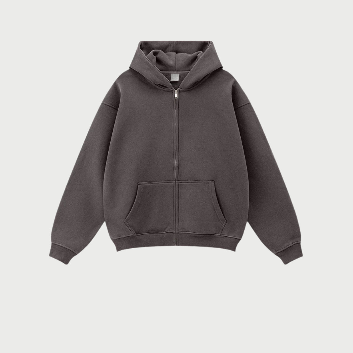 Charcoal gray oversized zip-up hoodie with front kangaroo pocket and ribbed cuffs displayed on light gray background