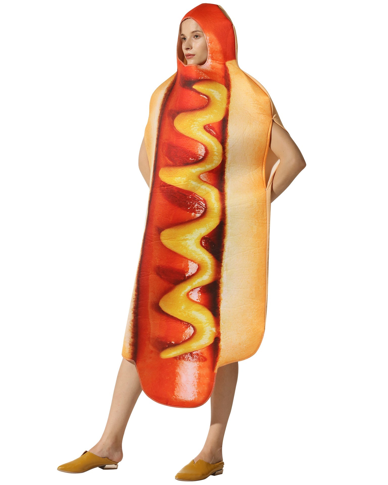 Adult hot dog Halloween costume full body view with bun and mustard