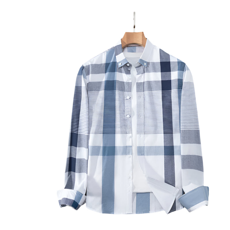 Blue and white plaid dress shirt on wooden hanger with button-down collar and mixed stripe pattern