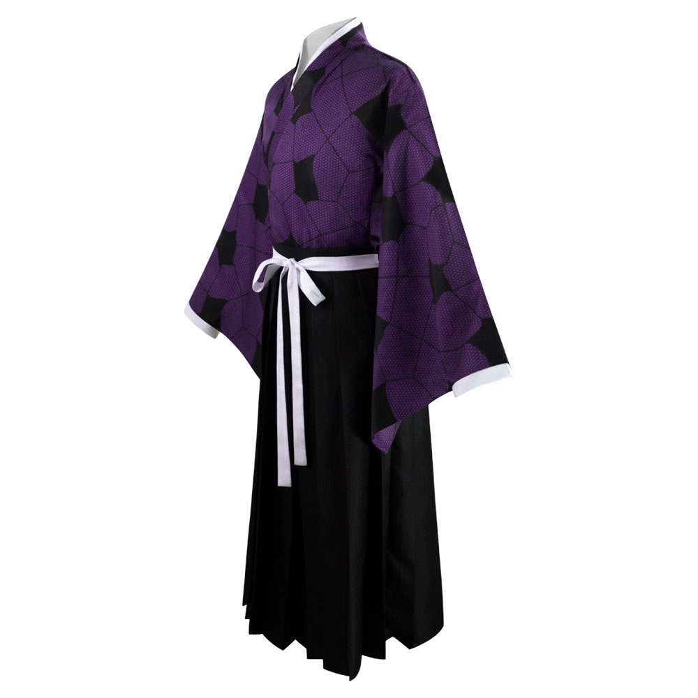 Purple and black kimono cosplay costume with a white belt on a white background
