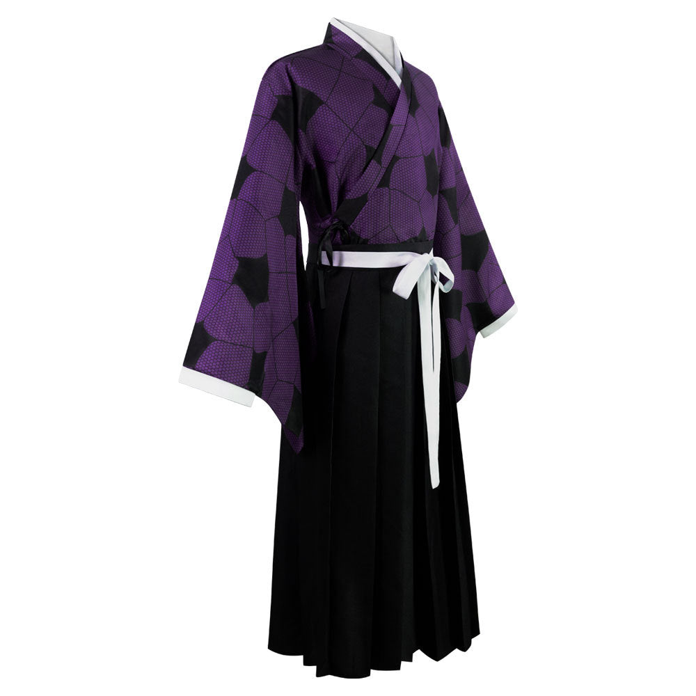 Purple and black kimono with a white belt on a white background
