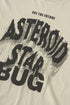 Flat lay of cream tee with distressed “Asteroid Star Bug” graphic in black.