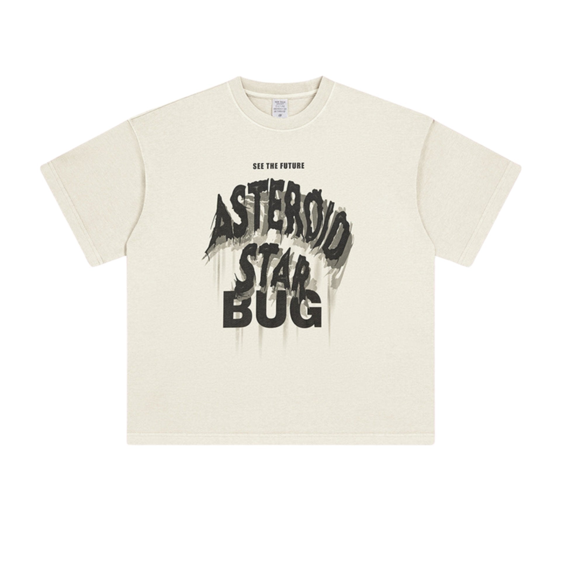 Flat lay of cream T-shirt with dripping “ASTEROID STAR BUG” print in grunge font.