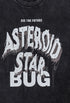 Flat lay of black tee showing bold “Asteroid Star Bug” graphic with distressed style.