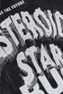 Tight crop of distressed “Asteroid Star Bug” text print on black tee fabric.