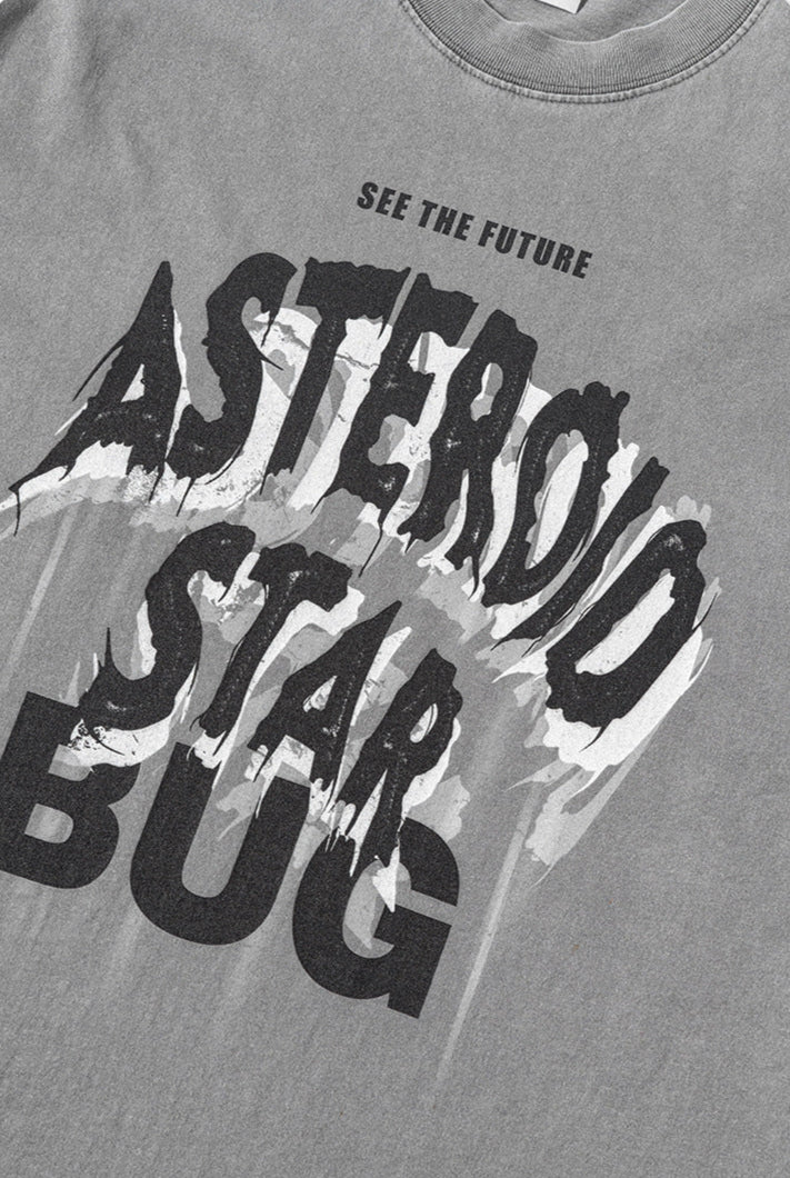 Flat lay of gray tee with bold “Asteroid Star Bug” graphic and “See the Future” text.