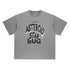 Flat lay of gray T-shirt with “ASTEROID STAR BUG” graphic in bold black and white lettering.