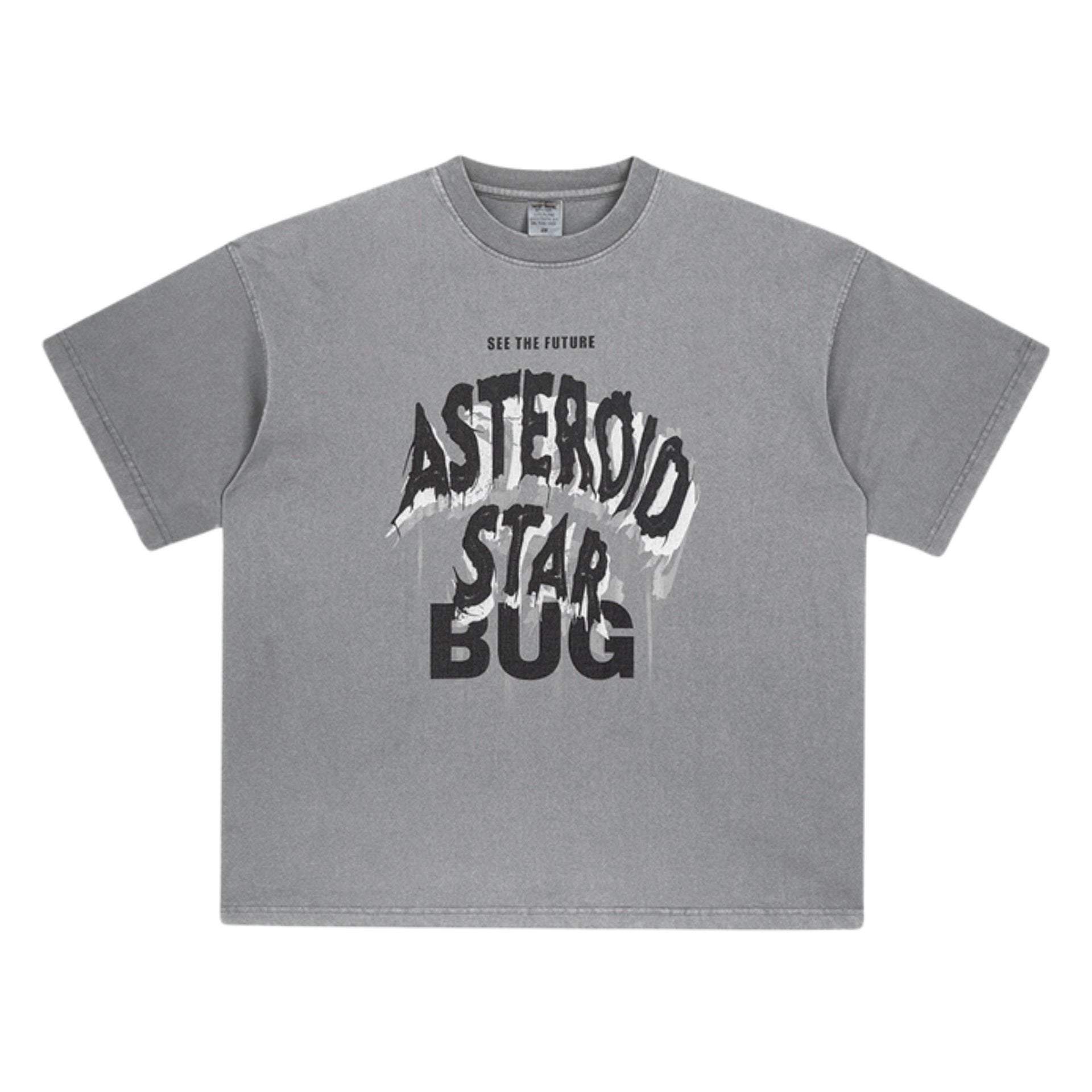 Flat lay of gray T-shirt with “ASTEROID STAR BUG” graphic in bold black and white lettering.