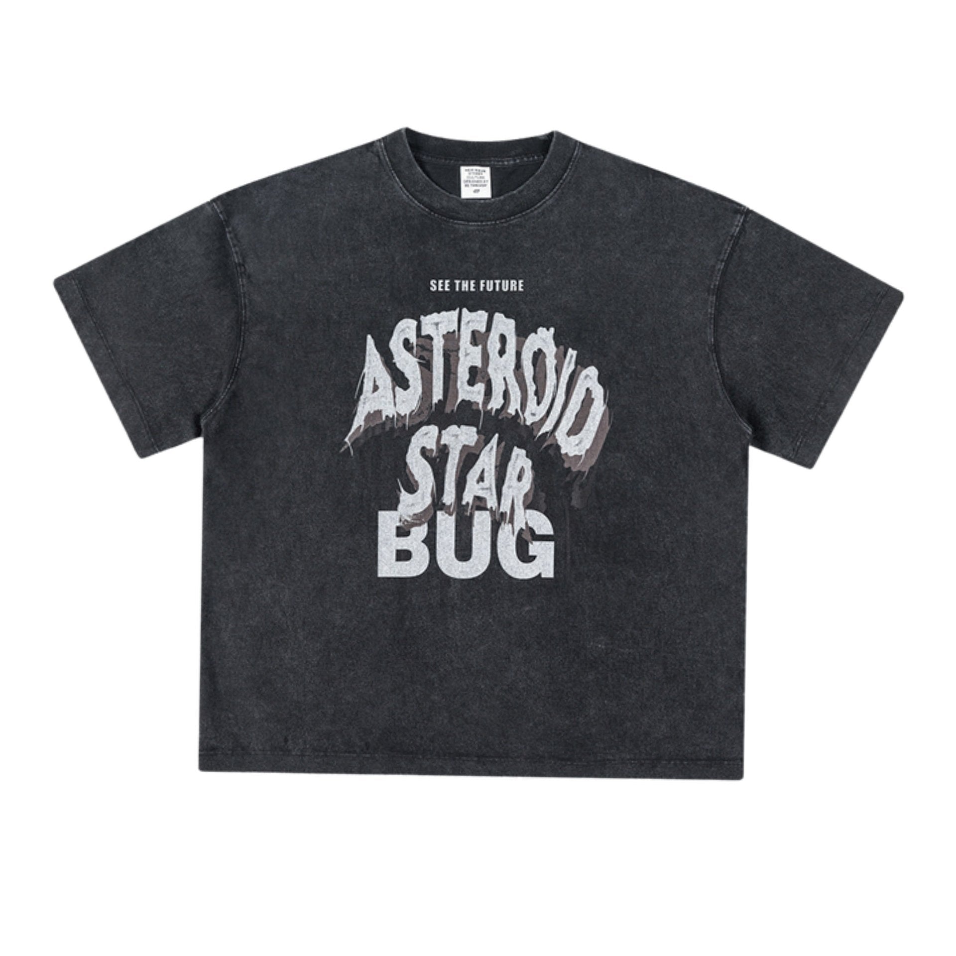 Flat lay of washed black T-shirt labeled “Fried Snowflake” with bold white “ASTEROID STAR BUG” graphic.