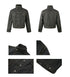 Black asymmetric stand collar cropped jacket shown front, back, and in detail close-ups.