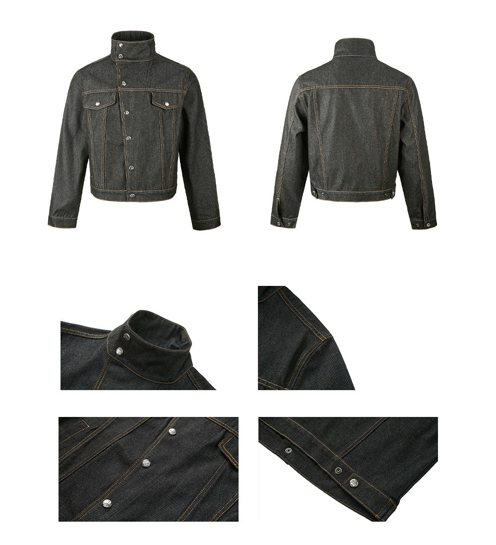 Black asymmetric stand collar cropped jacket shown front, back, and in detail close-ups.