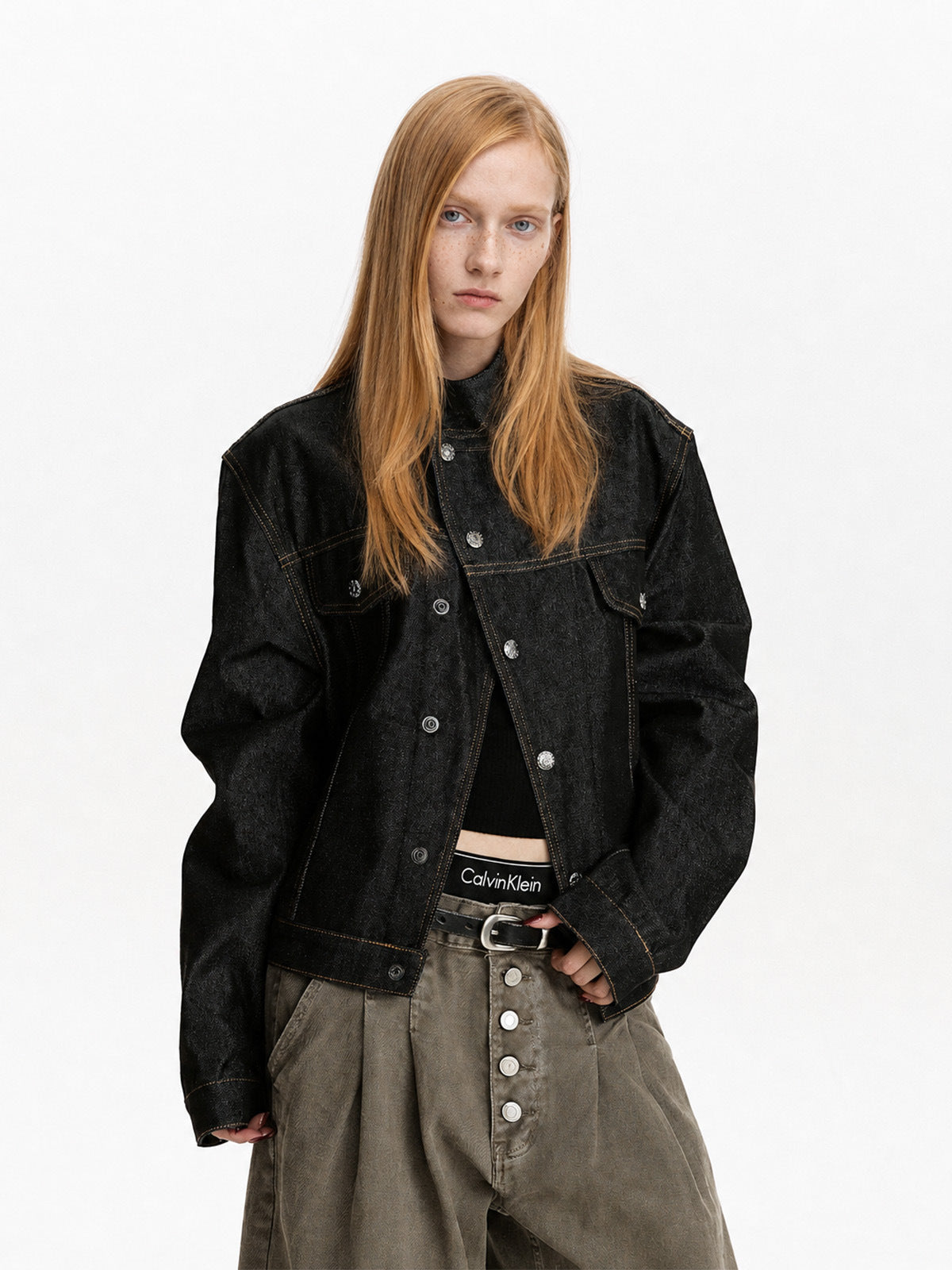Close front view of stand collar jacket showing offset buttons and contrast stitching.