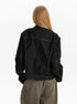 Back view of black short jacket showing panel seams and a straight cropped hem.