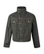 Black asymmetric stand collar cropped jacket isolated on white in a front view.