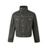 Black asymmetric stand collar cropped jacket isolated on white in a front view.