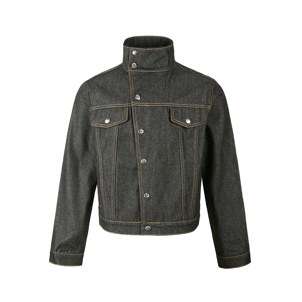 Black asymmetric stand collar cropped jacket isolated on white in a front view.