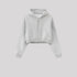 Light gray cropped zip hoodie on gray background. Features kangaroo pocket and silver zipper closure