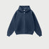Navy blue oversized zip-up hoodie with front kangaroo pocket and ribbed cuffs displayed on light gray background