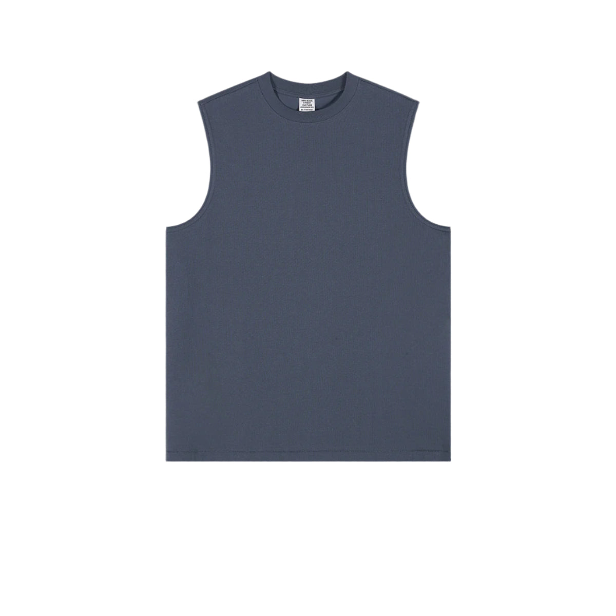 Slate blue/charcoal sleeveless muscle tee with crew neck displayed flat on white background