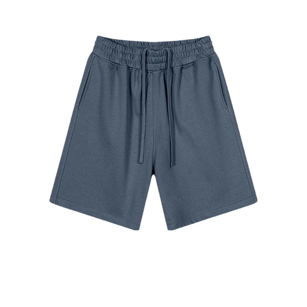 Navy blue cotton shorts with elastic waistband and drawstrings, featuring relaxed fit and side pockets, displayed flat