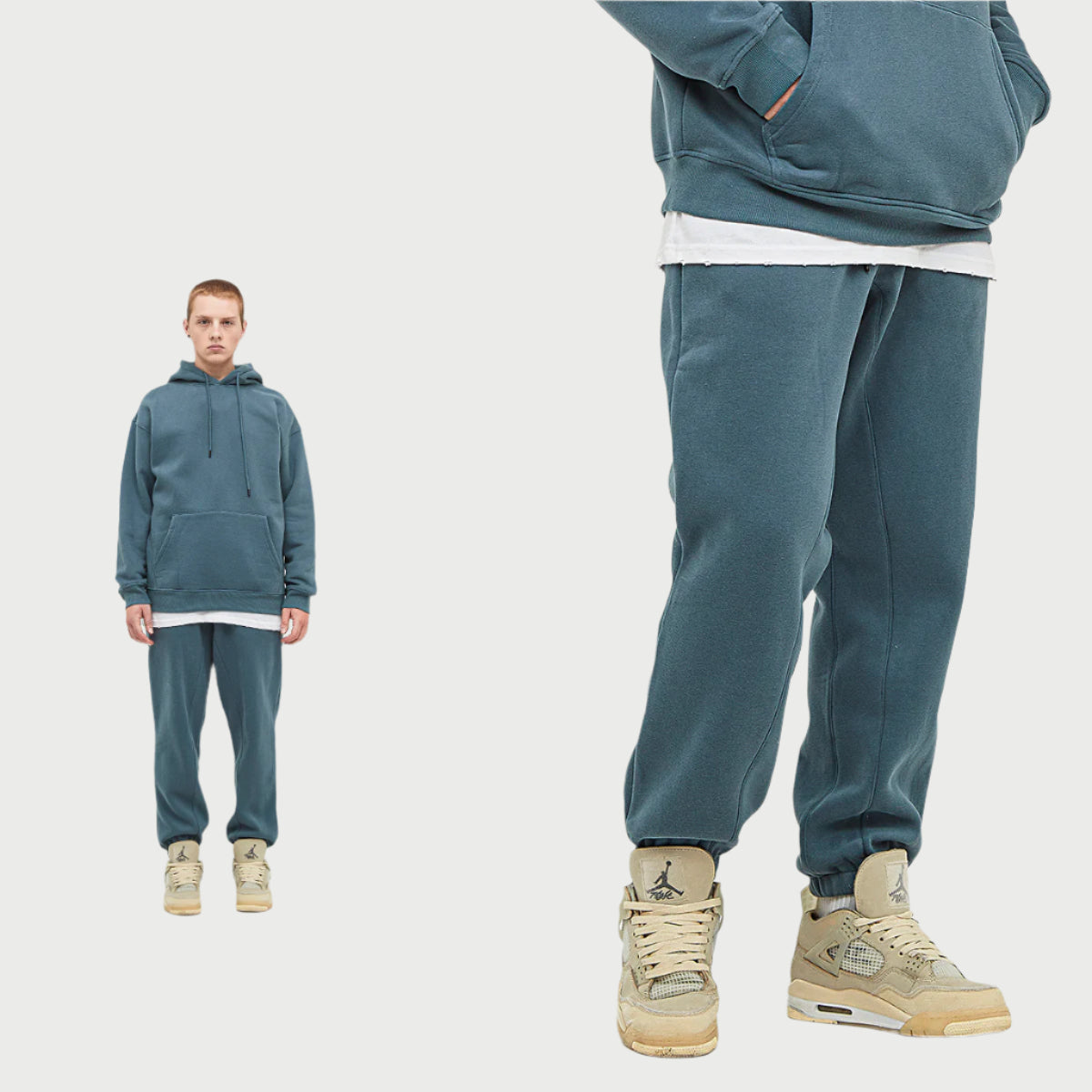 Model wearing slate blue hoodie and jogger set with white undershirt and beige Jordan sneakers in split-view format