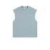 Pale blue oversized sleeveless muscle tee with crew neckline and manufacturer's tag visible, displayed flat against white background