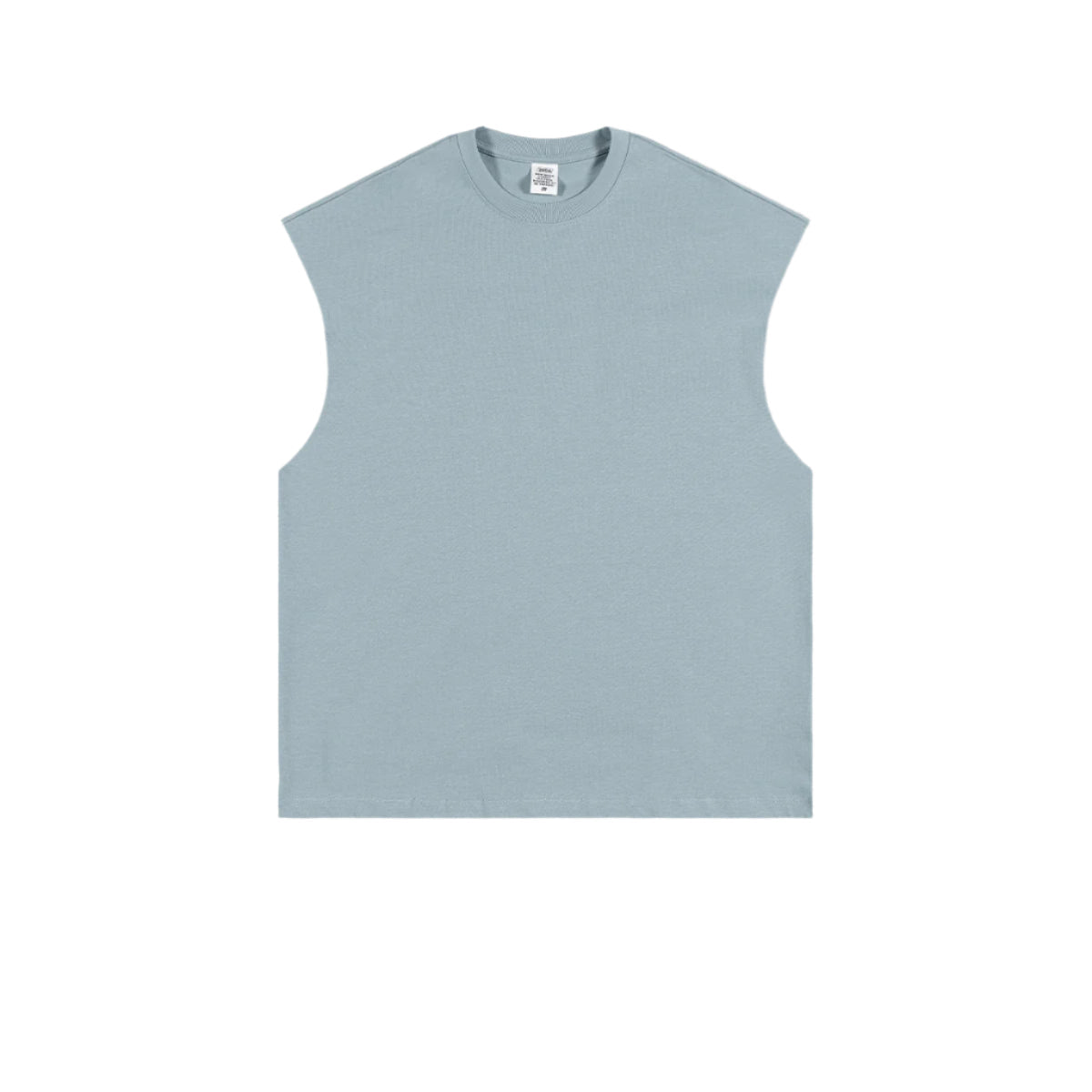 Pale blue oversized sleeveless muscle tee with crew neckline and manufacturer's tag visible, displayed flat against white background