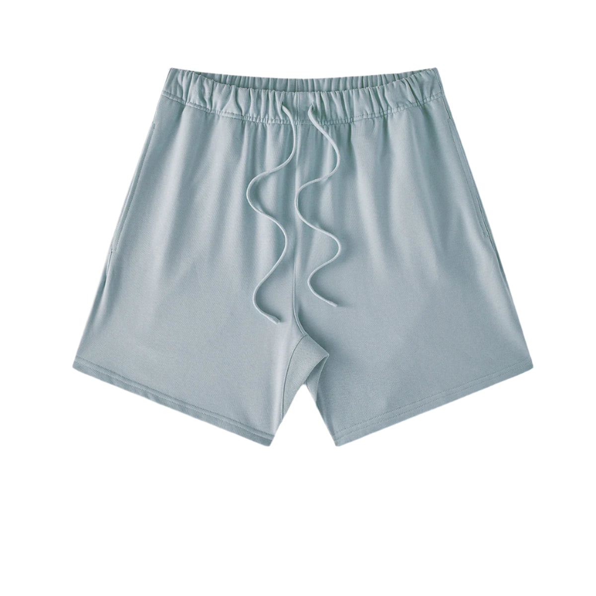 Light blue cotton shorts with elastic waistband and drawstring, displayed flat against white background