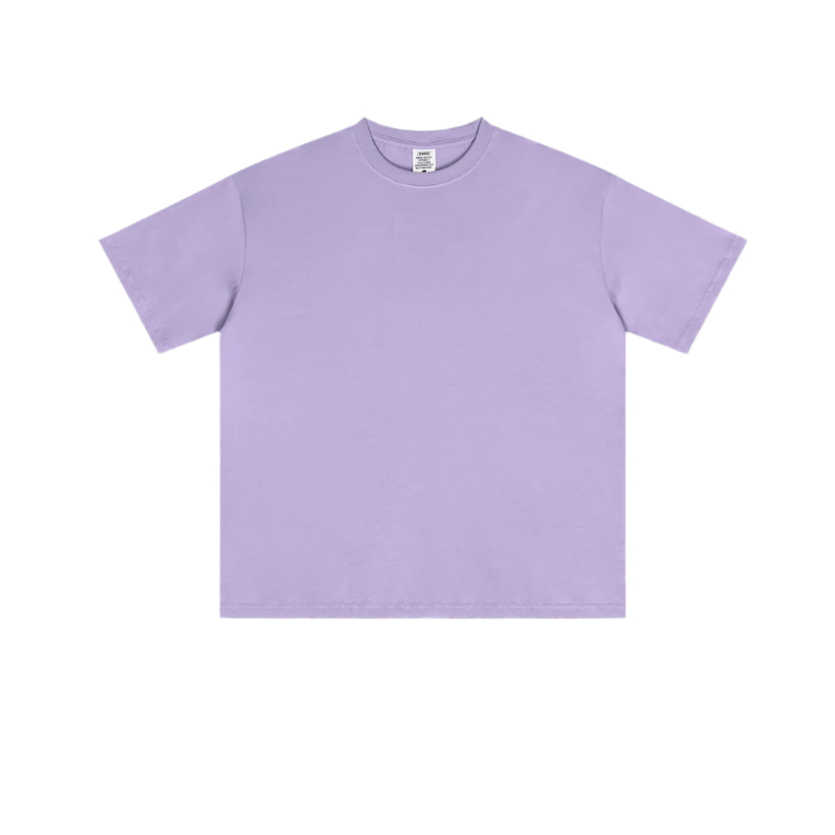 A lavender crew neck t-shirt displayed flat against white background, showing round neckline and short sleeves