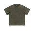 Product shot of olive green acid-washed oversized t-shirt with crew neck and short sleeves on plain background