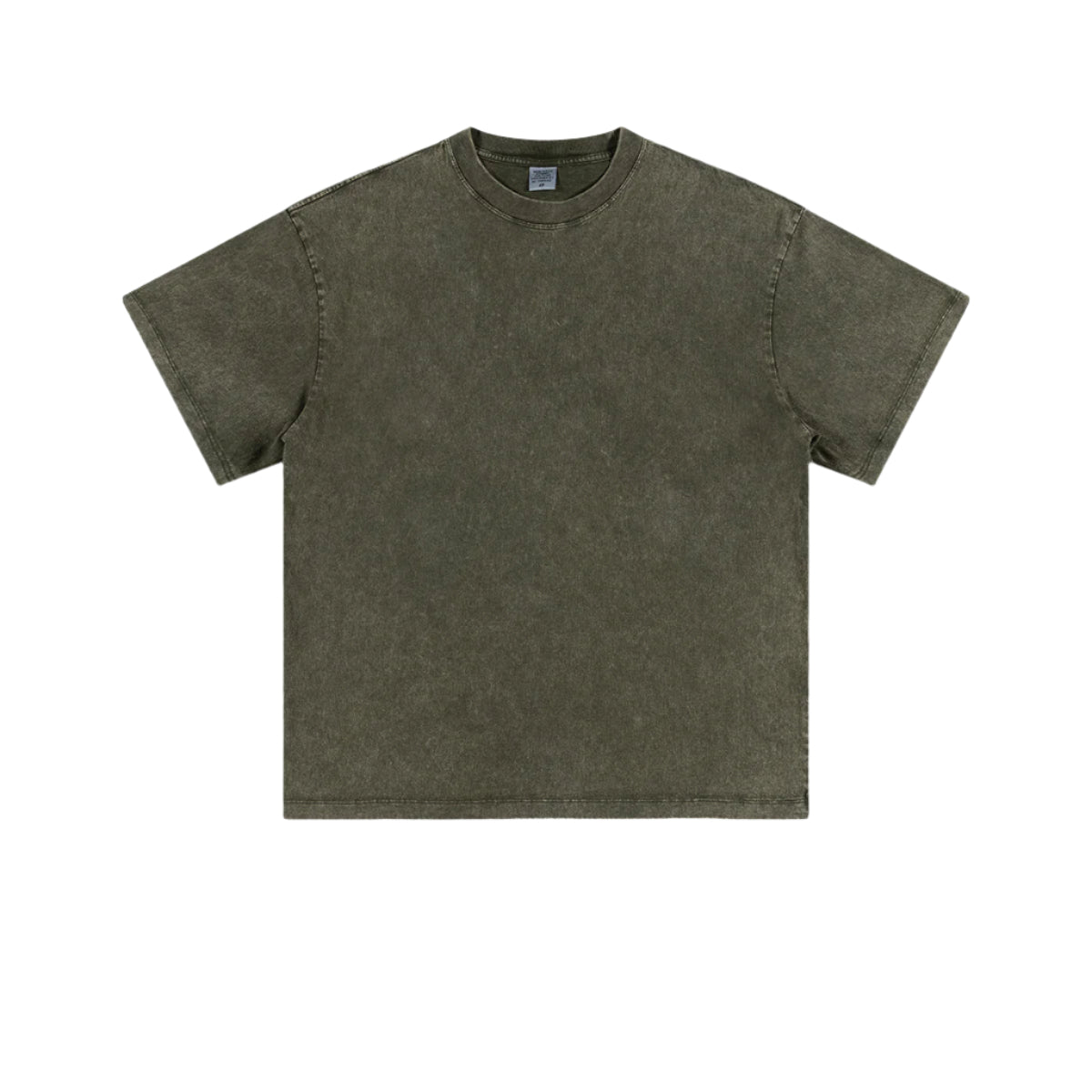 Product shot of olive green acid-washed oversized t-shirt with crew neck and short sleeves on plain background