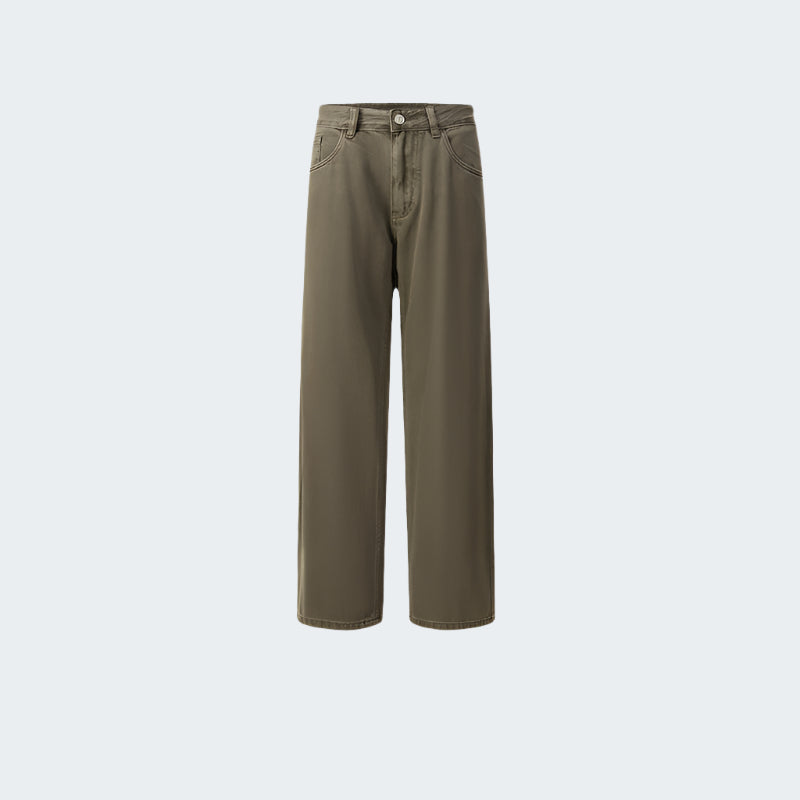 Olive green wide-leg jeans with relaxed fit and standard jean pockets