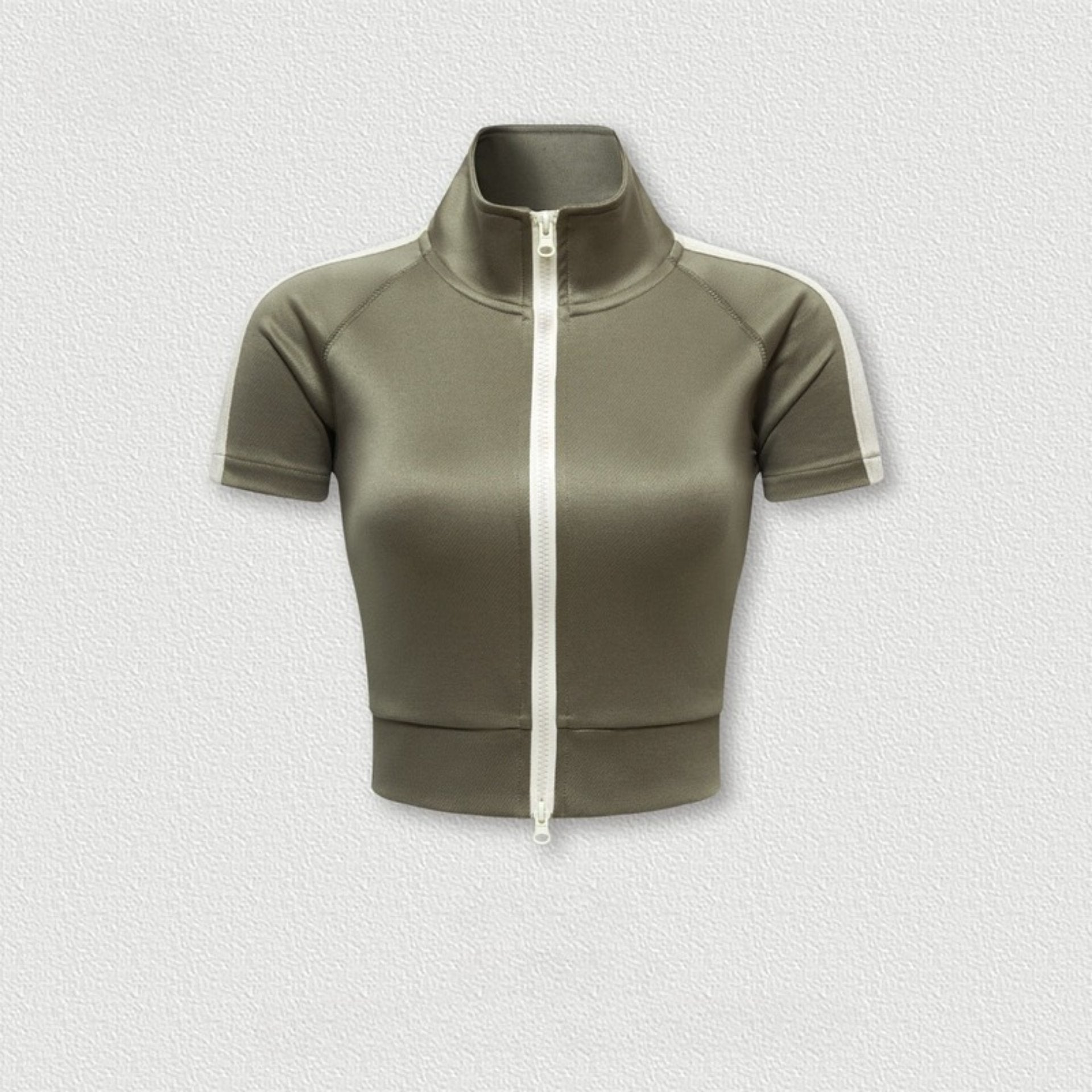 Light Green mock neck crop top with front zip and white sleeve stripes