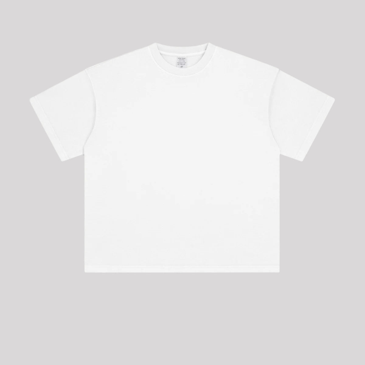 Plain white oversized t-shirt with ribbed collar displayed flat against light gray background, front view